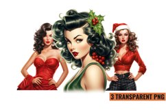 Watercolor Vintage Pin Up Christmas Girl Clipart , PNG Product Image 1