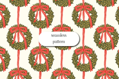 Christmas Wreath Seamless Pattern Red Bow Holiday Digital Product Image 1
