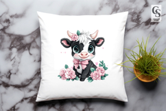 Cute Baby Cow with Pink Bow Floral Calf Clipart PNG Product Image 3