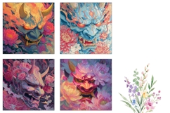 Samurai Mask Square Coasters, Floral Square Coaster PNG Product Image 3