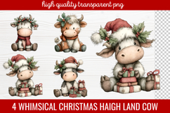 4 Whimsical Christmas Highland Cow Clipart | Cute Festive Product Image 1