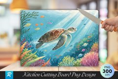 Sea Turtle in Ocean with Colorful Floral Cutting Board PNG Product Image 1