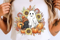 Retro Halloween Ghost And Cat Png, Floral Halloween Png. Product Image 3
