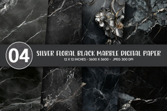 Silver Floral Black Marble Digital Paper Product Image 1