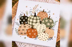 Boho Fall Pumpkins PNG, Neutral Gingham Floral Pumpkin png Product Image 2