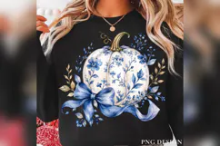 Blue Floral Pumpkin PNG, Chinoiserie Pumpkin with Bow, Coque Product Image 1