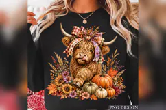 Fall Highland Cow PNG, Plaid Bow Pumpkin Cow, Autumn Floral Product Image 1