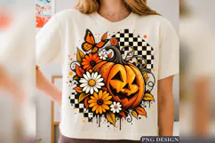 Floral Pumpkin Halloween PNG, Checkered Jack O Lantern Product Image 2