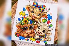 Autism Highland Cow PNG, Puzzle Piece Cow Design Product Image 2