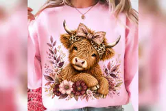 Floral Highland Cow PNG, Pink Leopard Bow Cow Design Product Image 3