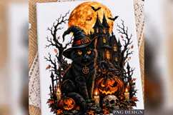 Halloween Black Cat PNG, Witch Cat Haunted House Pumpkin Des Product Image 5