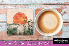 Boho Square Coaster Sublimation - Minimalist Landscape PNG Product Image 1