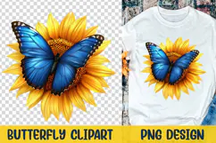 Blue Butterfly On Sunflower Clipart. Butterflies Sublimation Product Image 4