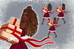 African American Christmas girl with gift clipart PNG Product Image 8