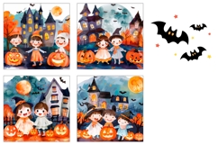 Kids Halloween Square Coasters, Watercolor Halloween Print Product Image 3
