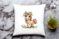 Cute Baby Horse with Flowers Watercolor Clipart Product Image 3