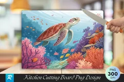 Sea Turtle Swimming Vibrant Coral Flowers Cutting Board PNG Product Image 1