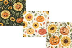 Funny Sunflower Pumpkin Faces Seamless Pattern, Digital Pape Product Image 11