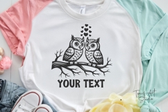 Cute owl couple SVG design on white t-shirt with customizable text option.