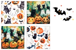 Watercolor Halloween Ghost Square Coasters, Black Cat Print Product Image 3