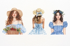Blue Gingham Picnic Girls Clipart Summer Fashion Watercolor Product Image 3