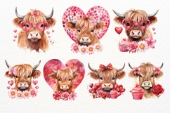 Cute Valentine Highland Cow Clipart PNG with Hearts, Flowers Product Image 3