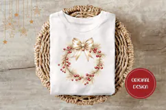 Boho Christmas Wreath Illustration, Gold Christmas Bow PNG Product Image 3
