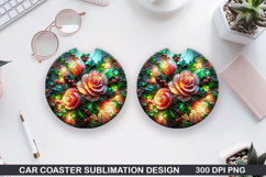 Roses Car Coaster Sublimation| Christmas Coaster PNG Design Product Image 1