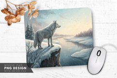 Lone Wolf on a Snowy Cliff Mouse Pad PNG Design Product Image 1