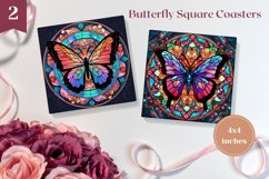 Stained Glass Butterflies Coaster Sublimation, Butterfly PNG Product Image 1