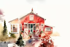 Red Farmhouse clipart, Watercolor house, Red Farm 14 PNG Product Image 5