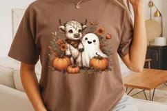 Retro Halloween Ghost And Highland Cow Png, Floral Fall Png. Product Image 3