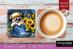 Denim Square Coaster - Dog In Pocket Coaster PNG Sublimation Product Image 1