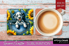 Denim Square Coaster - Dog In Pocket Coaster PNG Sublimation Product Image 1