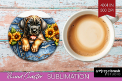 Denim Round Coaster - Dog In Pocket Coaster PNG Sublimation Product Image 1