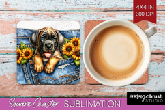 Denim Square Coaster - Dog In Pocket Coaster PNG Sublimation Product Image 1
