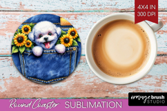 Denim Round Coaster - Dog In Pocket Coaster PNG Sublimation Product Image 1