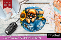Denim Car Coaster - Dog In Pocket Coaster PNG Sublimation Product Image 1
