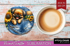 Denim Round Coaster - Dog In Pocket Coaster PNG Sublimation Product Image 1