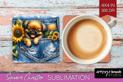 Denim Square Coaster - Dog In Pocket Coaster PNG Sublimation Product Image 1