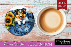 Denim Round Coaster - Dog In Pocket Coaster PNG Sublimation Product Image 1