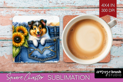 Denim Square Coaster - Dog In Pocket Coaster PNG Sublimation Product Image 1