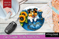 Denim Car Coaster - Dog In Pocket Coaster PNG Sublimation Product Image 1