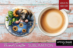 Denim Round Coaster - Dog In Pocket Coaster PNG Sublimation Product Image 1