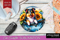 Denim Car Coaster - Dog In Pocket Coaster PNG Sublimation Product Image 1