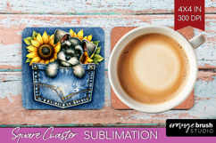 Denim Square Coaster - Dog In Pocket Coaster PNG Sublimation Product Image 1