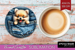 Denim Round Coaster - Dog In Pocket Coaster PNG Sublimation Product Image 1