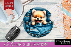 Denim Car Coaster - Dog In Pocket Coaster PNG Sublimation Product Image 1