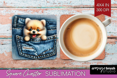 Denim Square Coaster - Dog In Pocket Coaster PNG Sublimation Product Image 1
