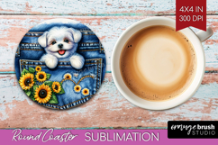 Denim Round Coaster - Dog In Pocket Coaster PNG Sublimation Product Image 1